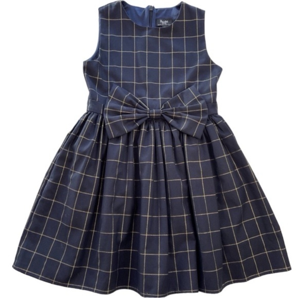 NWT Bardot Junior formal holiday dress with big bow- navy with metallic plaid